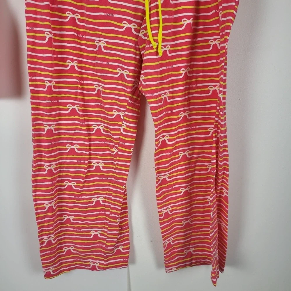 Disney Minnie Mouse Pajama Set L Womens Pink Yellow White Striped Button Front - Picture 7 of 13
